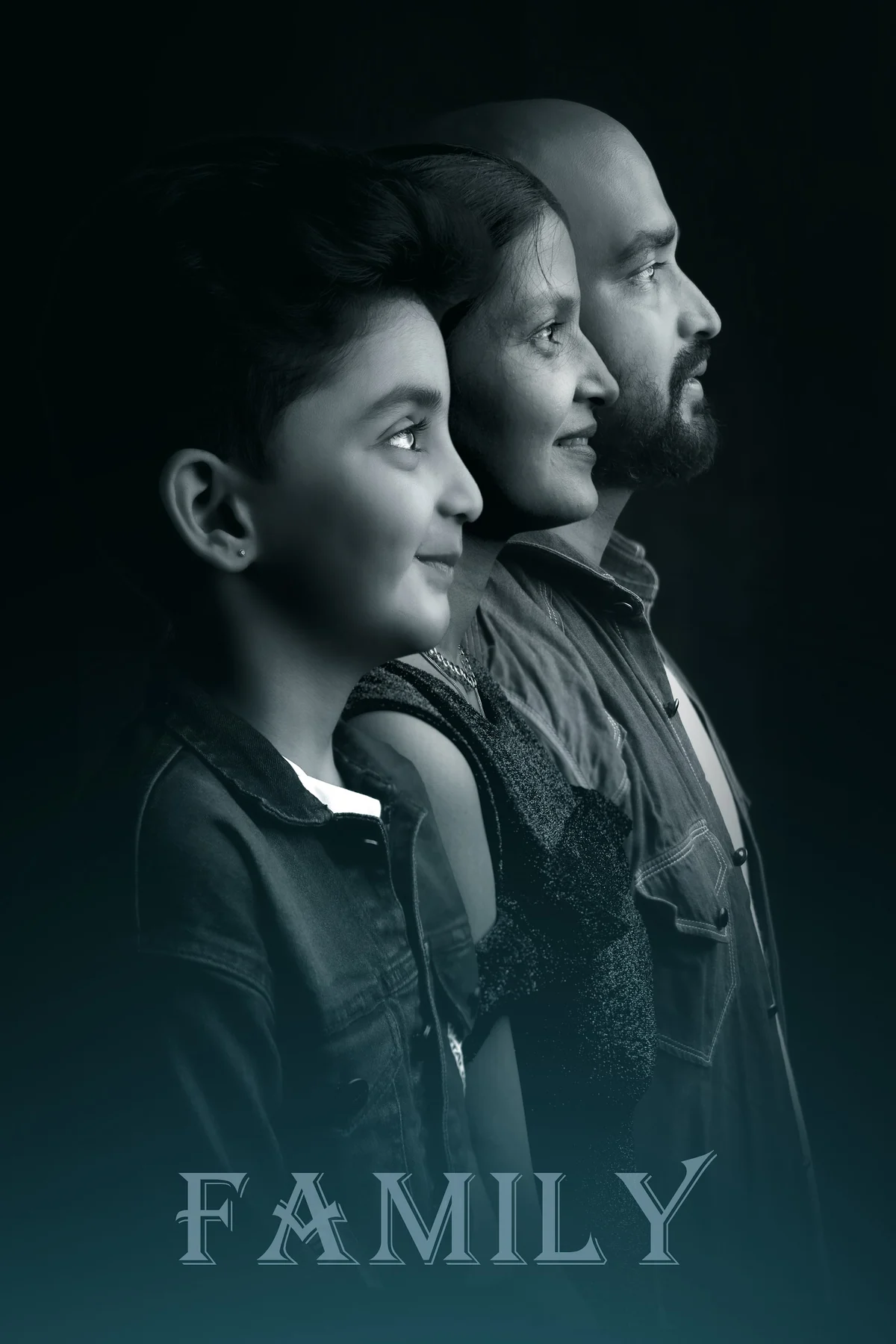 Three-Generation Rim-Lit Family Silhouette on Black Background