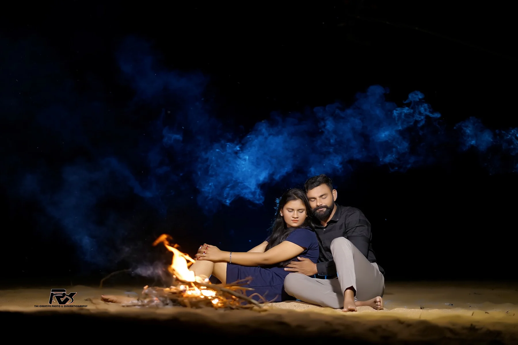 Pre-Wedding Couple by Night Campfire Under Starry Sky