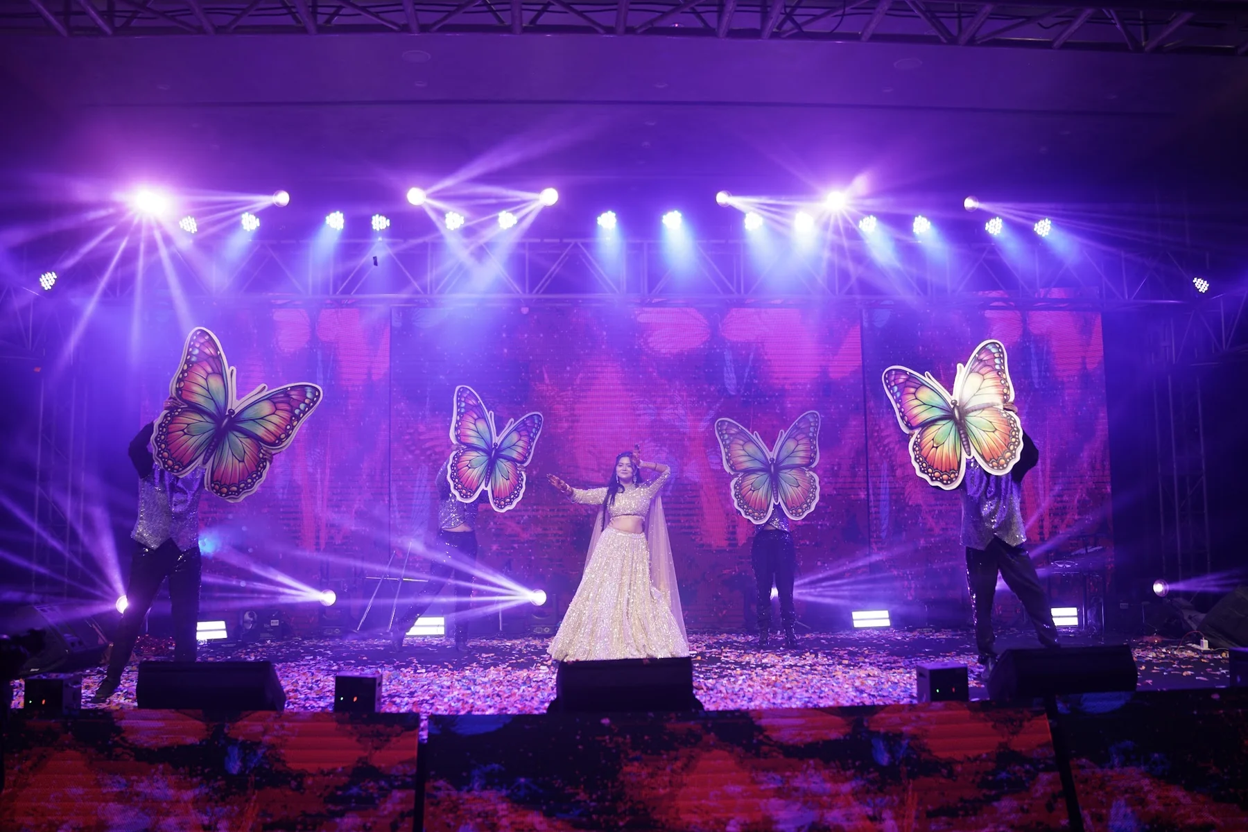 Bride and Groom on Butterfly Wing LED Stage
